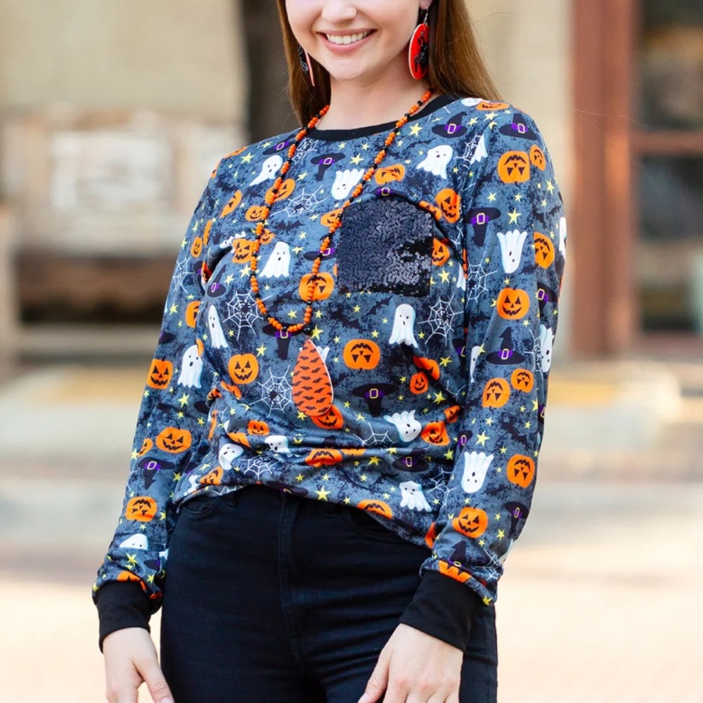 Halloween Long Sleeve Top with Sequin Pocket NWT